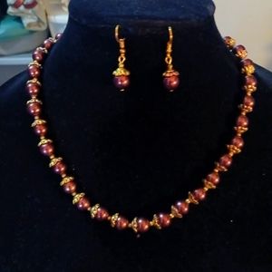 Vintage Metallic Cranberry Pearl Necklace & Earrings